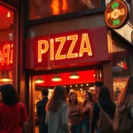 Vibrant pizza shop exterior during golden hour with neon signs and happy customers entering