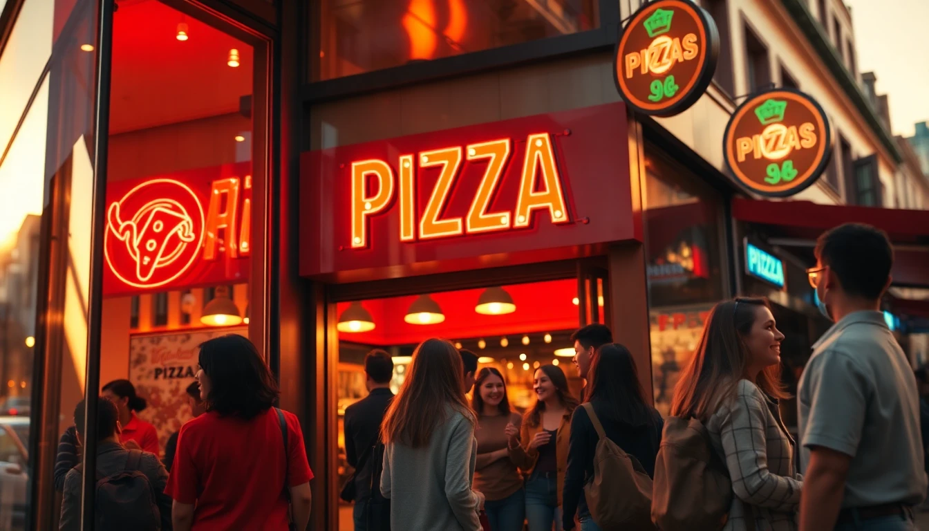 Vibrant pizza shop exterior during golden hour with neon signs and happy customers entering