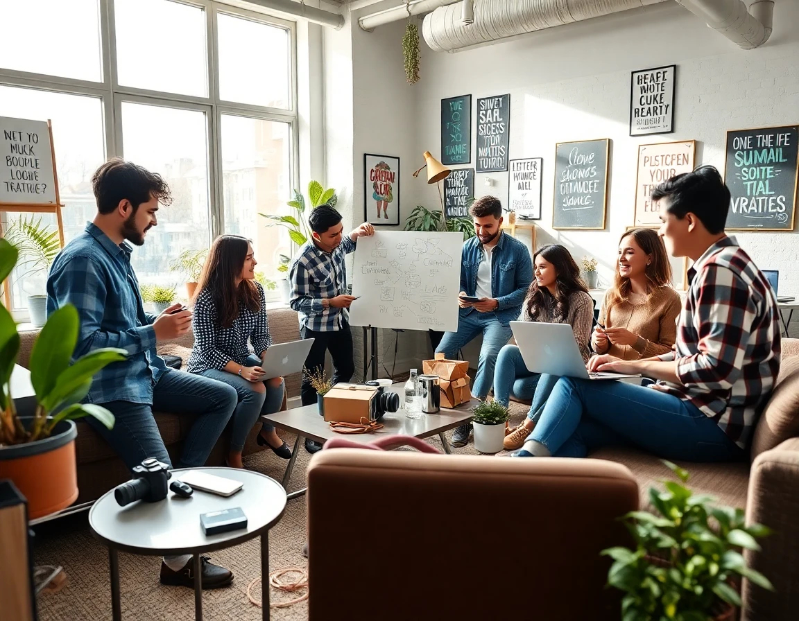 Diverse group brainstorming in modern co-working space, natural light, vibrant, creative atmosphere, professional photography