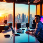 Vibrant workspace with content creator, high-tech gear, city skyline, golden hour lighting, professional photography