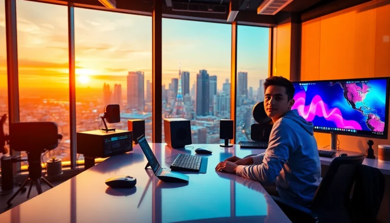 Vibrant workspace with content creator, high-tech gear, city skyline, golden hour lighting, professional photography