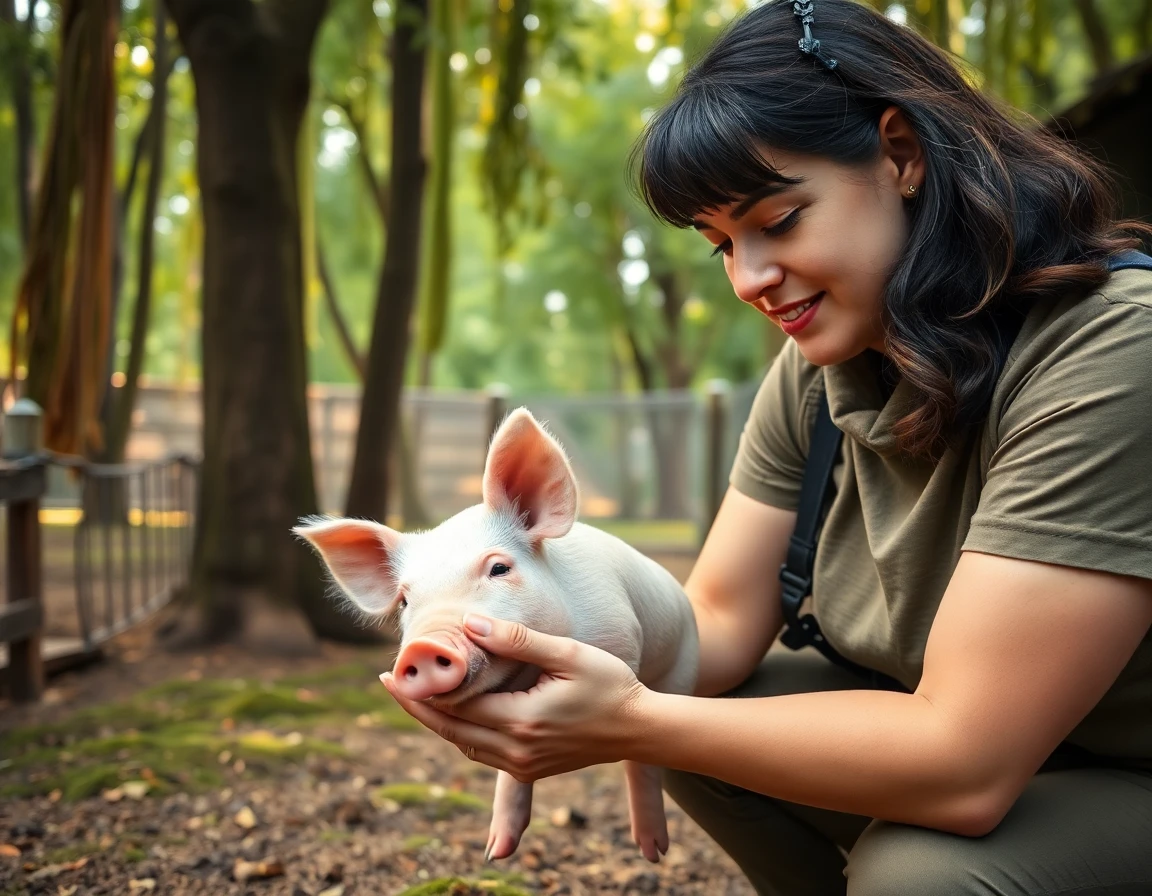 Volunteer feeding vegan piglet in lush natural enclosure at Veganizoo