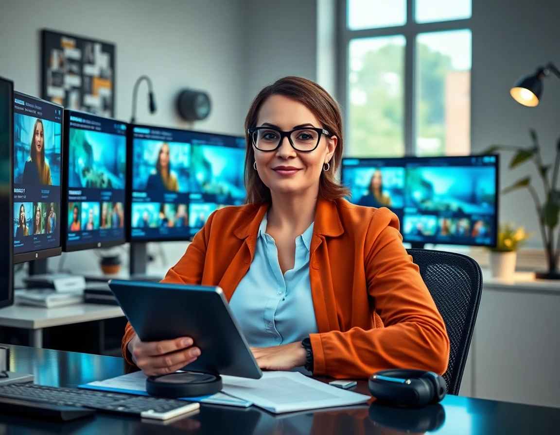 Female content creator at modern workspace with monitors displaying movie download interfaces