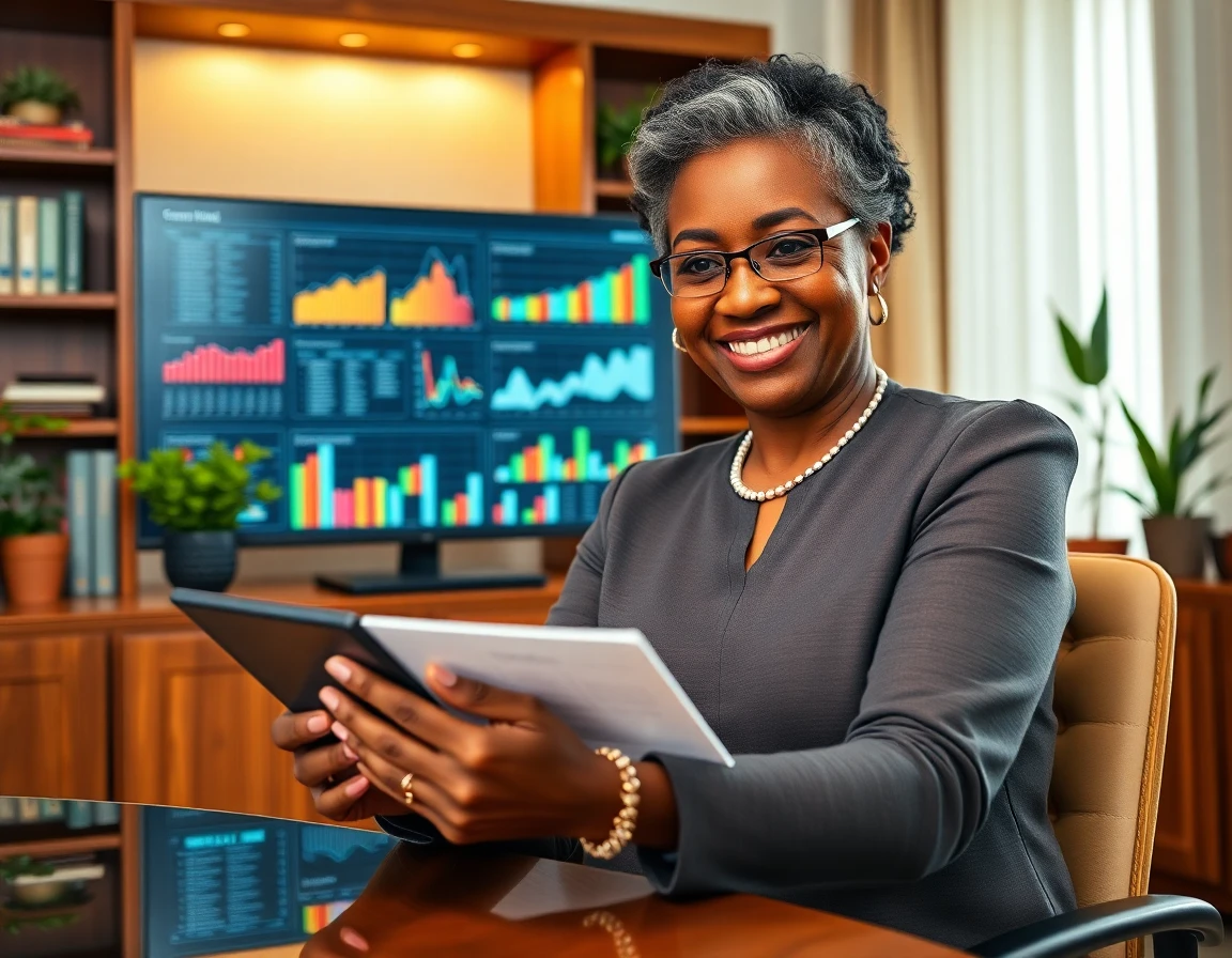 Senior financial advisor reviewing financial plans on tablet in elegant office setting
