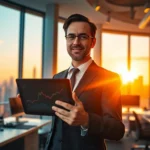 Professional financial analyst in modern office with city skyline at sunset, representing financial strategies