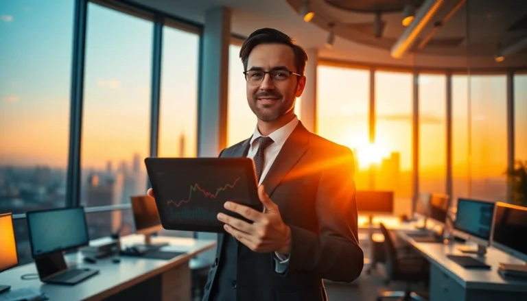 Professional financial analyst in modern office with city skyline at sunset, representing financial strategies