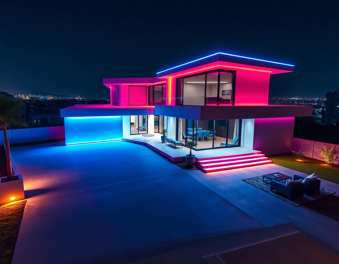 Futuristic Bloxburg house at night with vibrant LED lighting and urban backdrop, cinematic shot