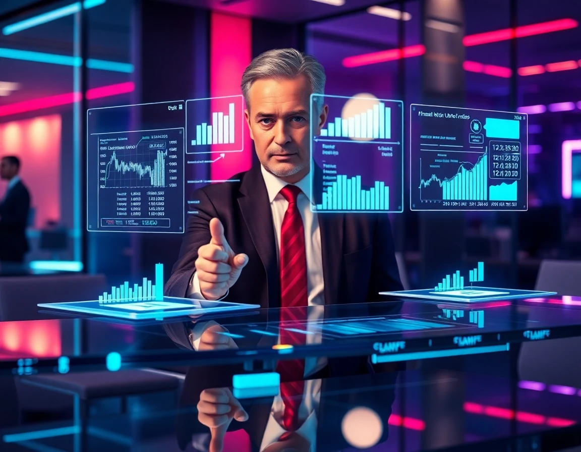 Man interacting with holographic financial data in high-tech office environment, symbolizing advanced strategies