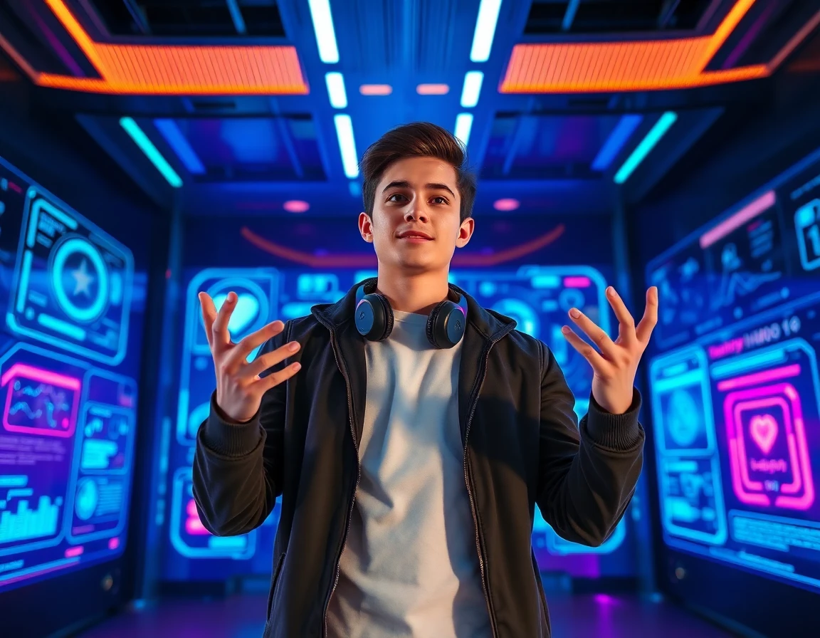 Young male vlogger with holographic screens, neon lighting, futuristic environment, energetic pose, professional photography
