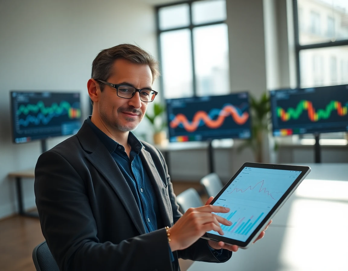 Professional analyst reviewing data on tablet in modern office setting