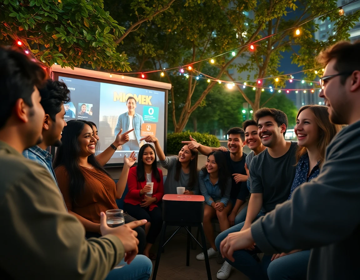 Group of young adults enjoying outdoor movie night with projector and vibrant string lights