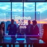 Futuristic digital workspace with diverse professionals and holographic interface for Infoohub Org 2026