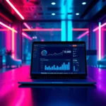 Futuristic office with laptop displaying Lapzoo dashboard, neon lighting, high-tech environment