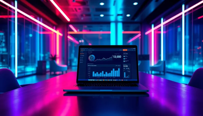 Futuristic office with laptop displaying Lapzoo dashboard, neon lighting, high-tech environment