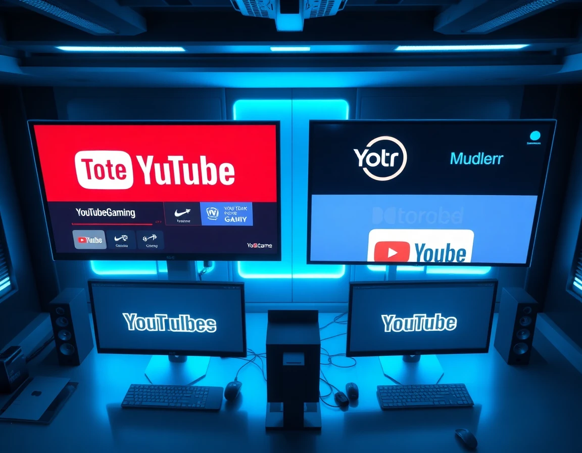 High-tech workspace displaying side-by-side YouTube gaming channel logo comparisons with contrast and clarity