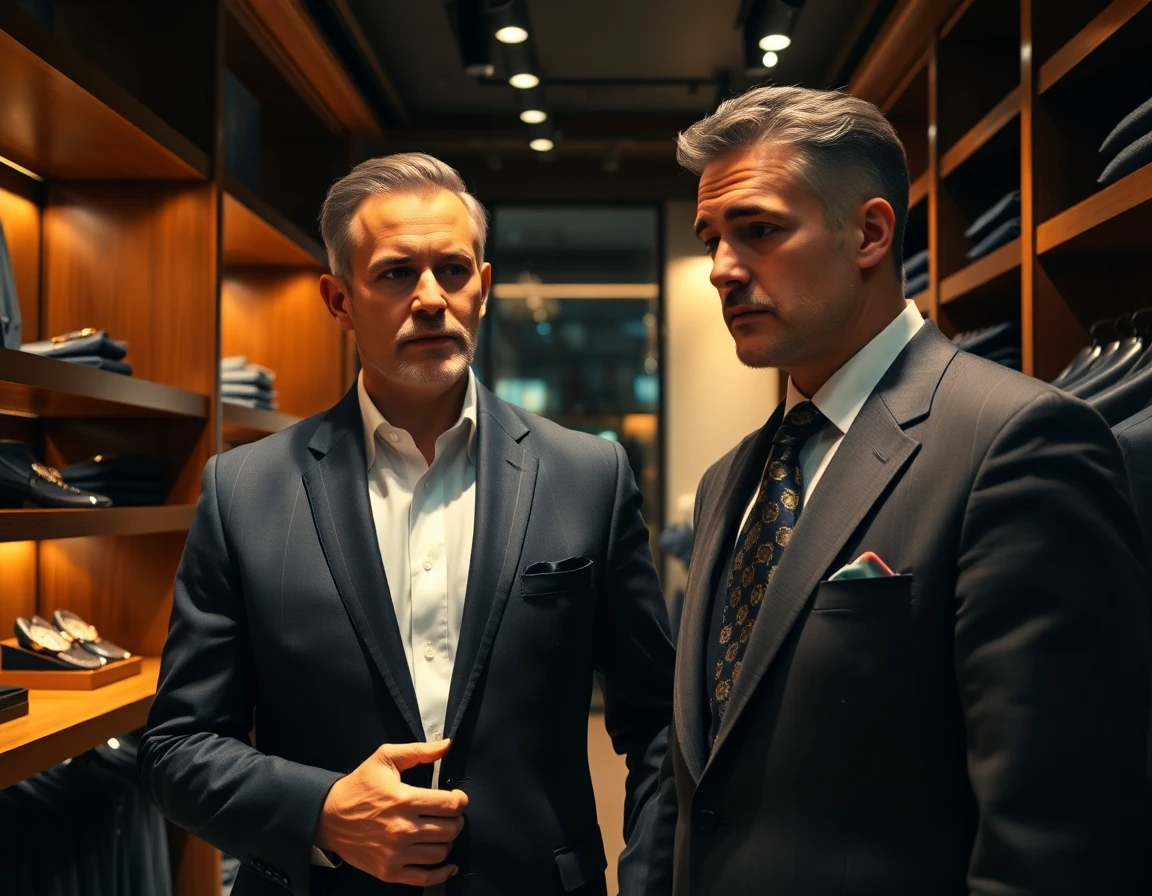 Middle-aged man choosing blazer in high-end men's wear shop, sophisticated and luxurious atmosphere