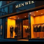 Stylish men's wear shop storefront at sunset with tailored suits displayed, inviting and elegant atmosphere