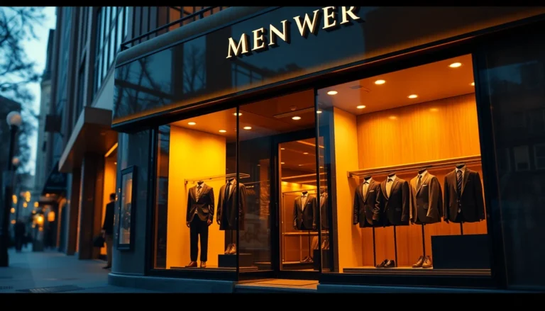 Stylish men's wear shop storefront at sunset with tailored suits displayed, inviting and elegant atmosphere