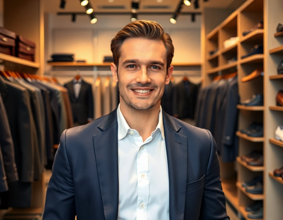 Confident male model in men's wear shop with suits and accessories, professional ambiance
