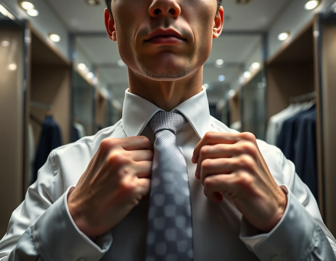 Close-up of man's hands tying a tie in a modern dressing room, detailed and professional scene
