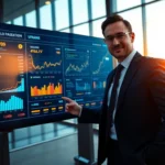 Futuristic financial dashboard with expert in modern office at sunset