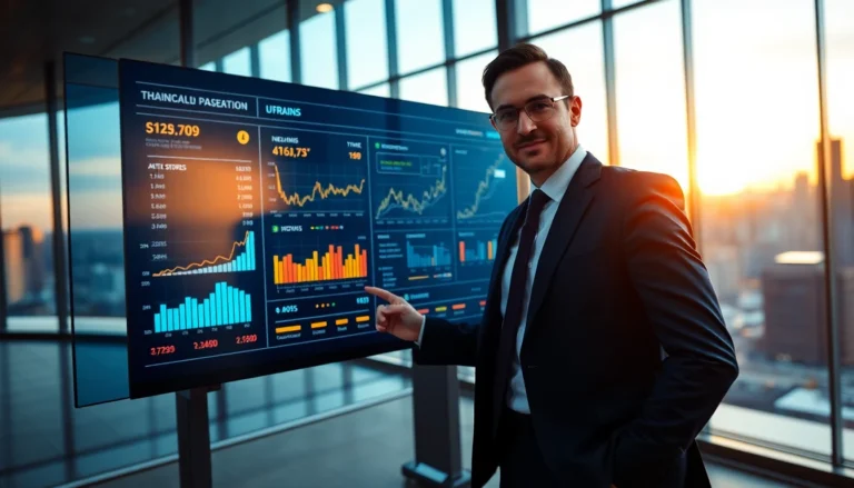 Futuristic financial dashboard with expert in modern office at sunset