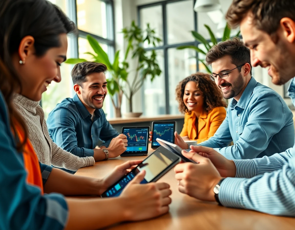 Young professionals analyzing financial news on digital tablets in bright office