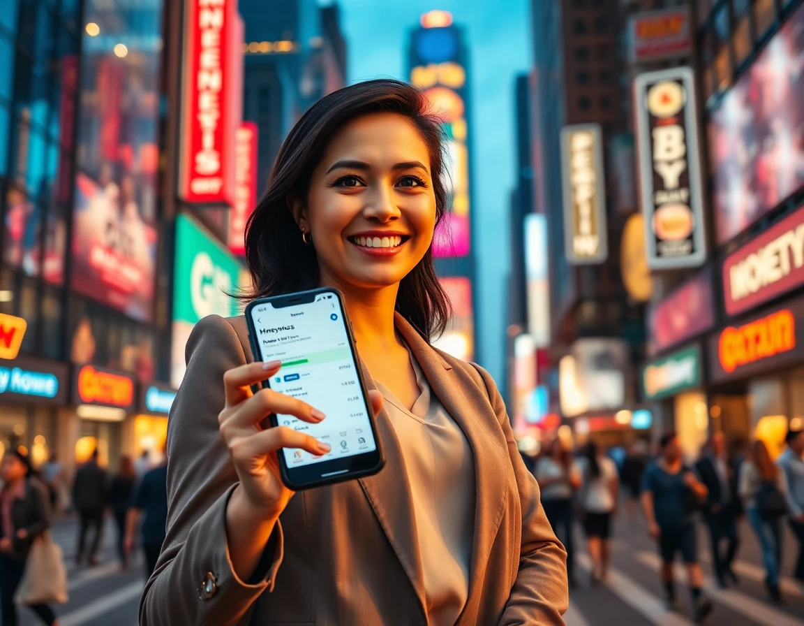 Entrepreneur using Moneynewsweb app on smartphone outdoors at dusk in city