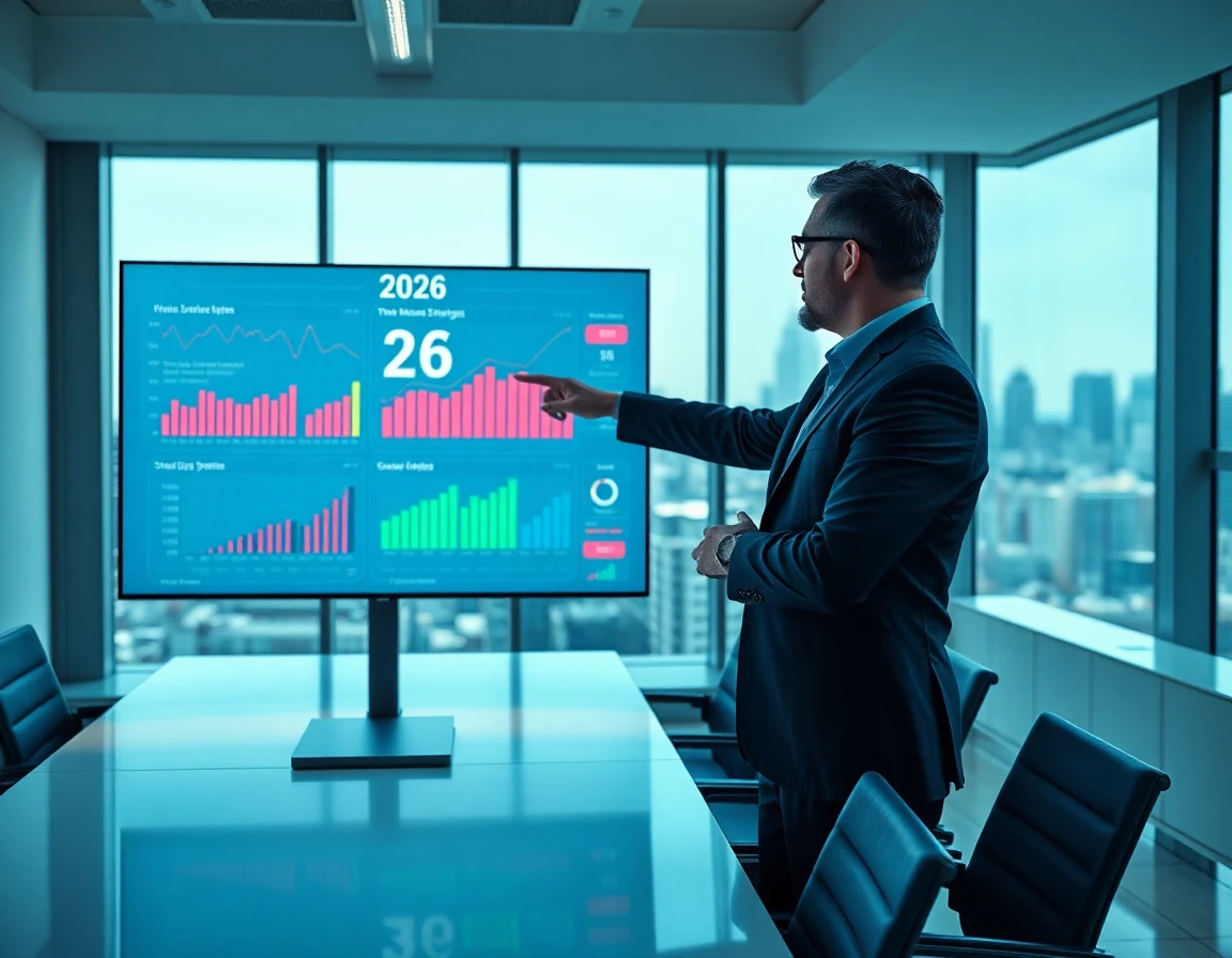 Financial strategist presenting data on digital screen in modern office