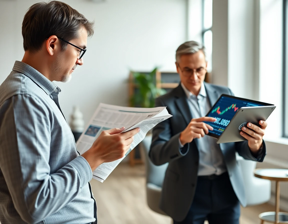 Comparison of traditional newspaper and digital financial platform in modern office