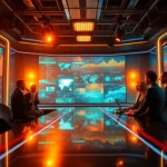 Futuristic newsroom with journalists and holographic news analytics showcasing innovative news technology