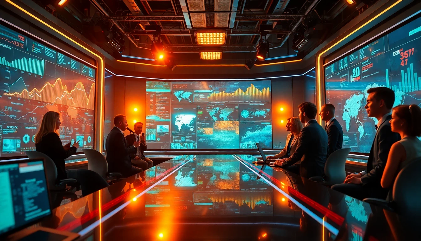 Futuristic newsroom with journalists and holographic news analytics showcasing innovative news technology