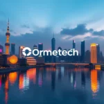 Futuristic cityscape at dusk with luminous structures and neon accents representing Ormetech innovation