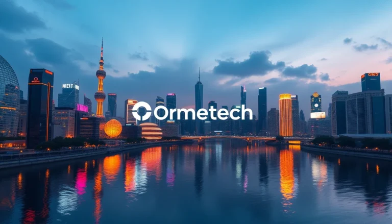 Futuristic cityscape at dusk with luminous structures and neon accents representing Ormetech innovation