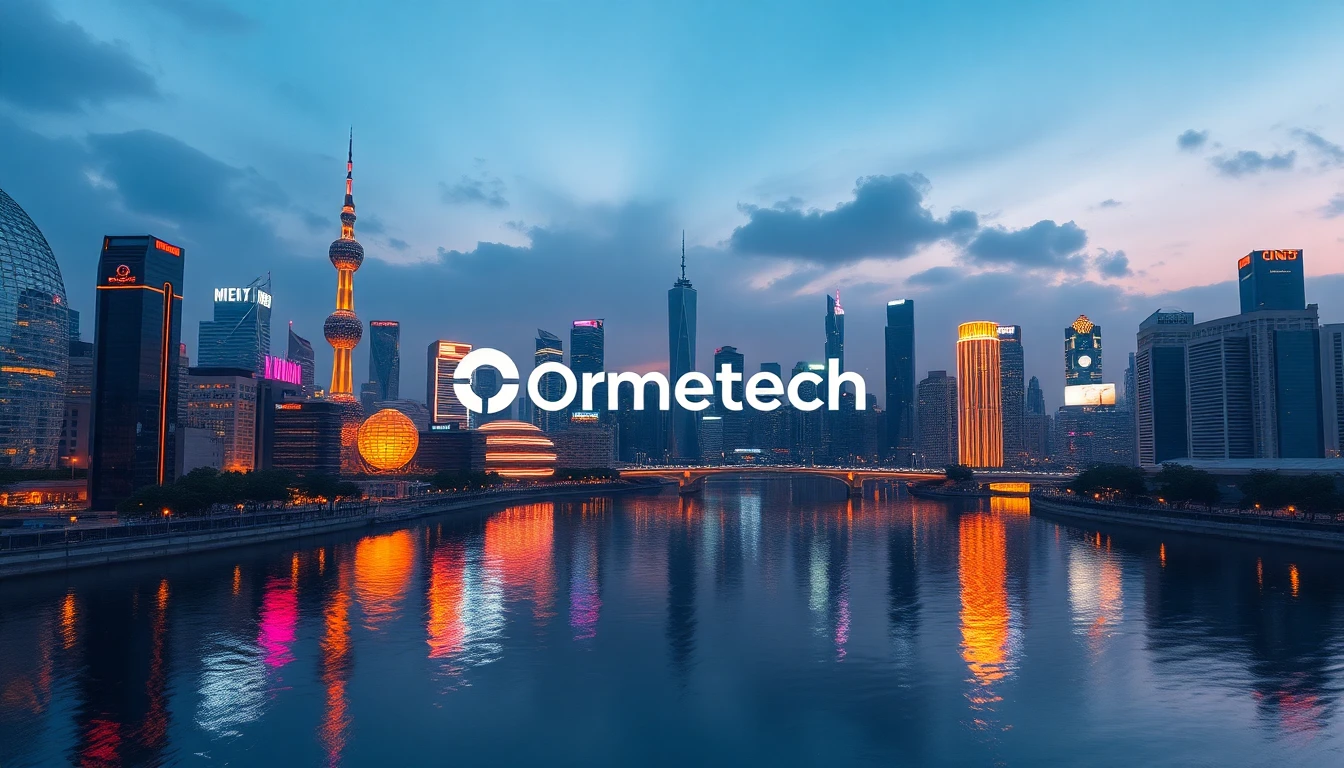 Futuristic cityscape at dusk with luminous structures and neon accents representing Ormetech innovation