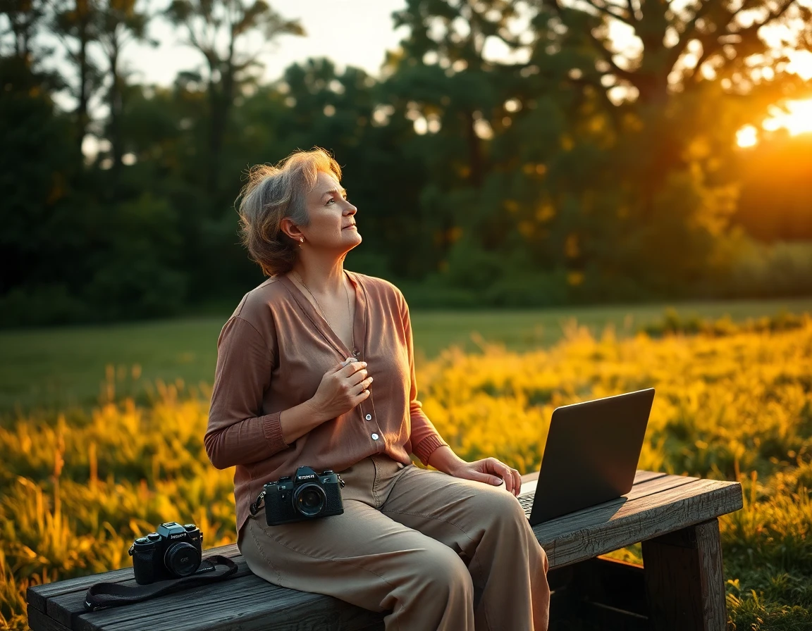 Mature female creator outdoors at sunset, vintage camera, lush greenery, peaceful atmosphere, professional photography