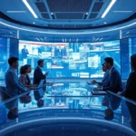 Futuristic newsroom with digital news feeds and diverse professionals collaborating