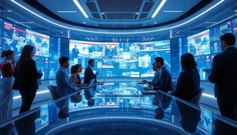 Futuristic newsroom with digital news feeds and diverse professionals collaborating