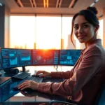 Futuristic digital workspace with woman using Runvra Com interface at sunset