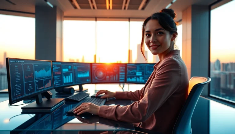 Discover Runvra Com - Your Ultimate Guide for 2026! 1 Futuristic digital workspace with woman using Runvra Com interface at sunset