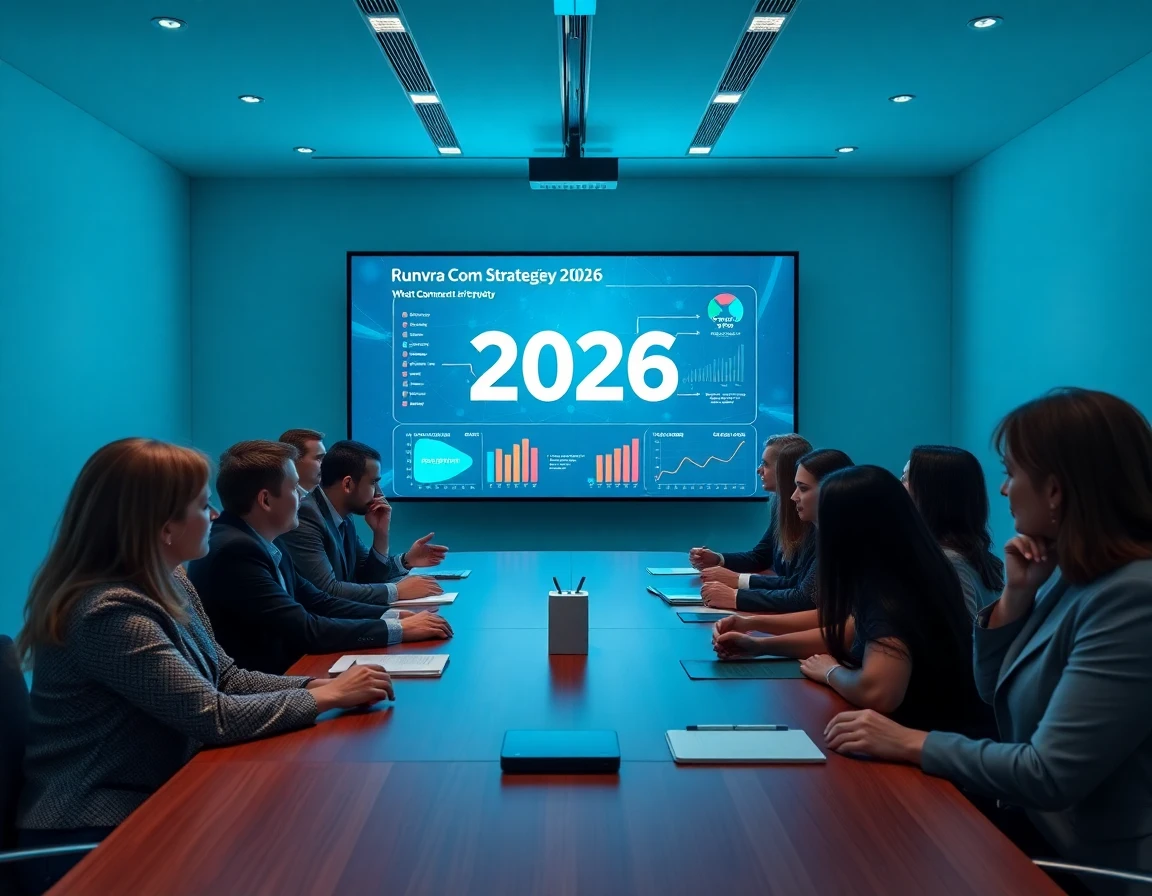Discover Runvra Com - Your Ultimate Guide for 2026! 4 Business professionals analyzing Runvra Com strategies in a conference room