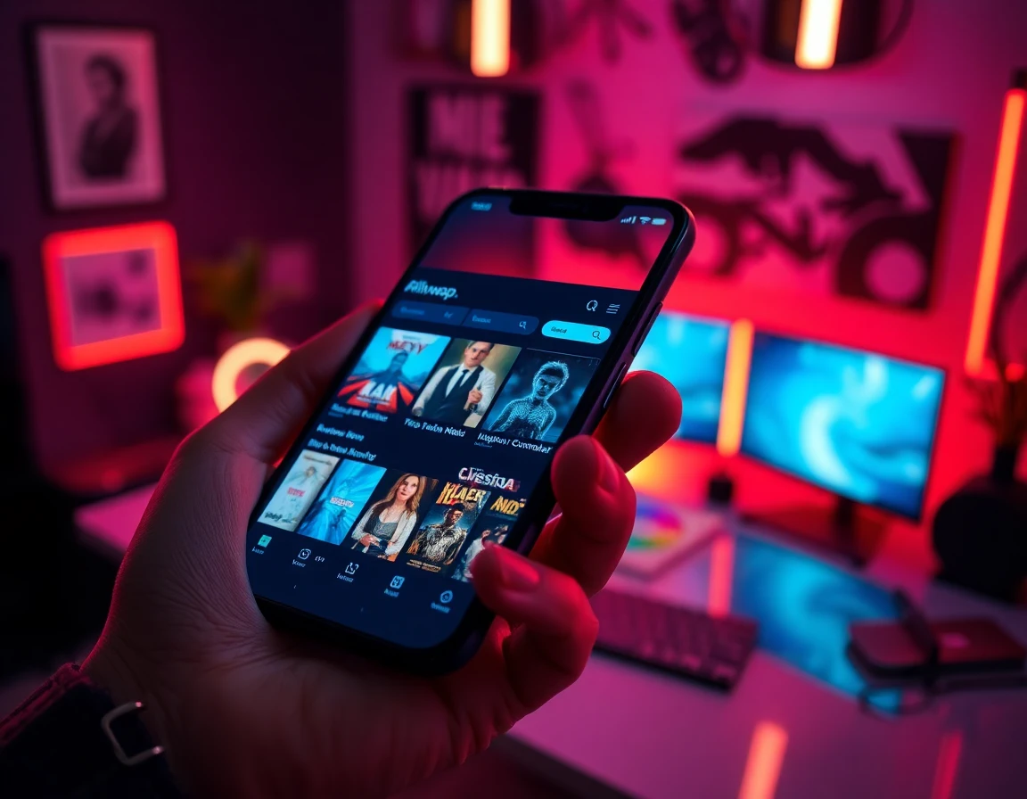 Close-up of smartphone displaying Afilmywap..com movie download interface with neon accents