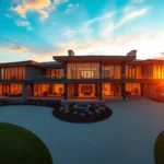 Modern Bloxburg house at sunset with lush gardens and glass windows, cinematic wide shot