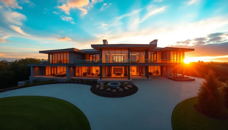 Modern Bloxburg house at sunset with lush gardens and glass windows, cinematic wide shot