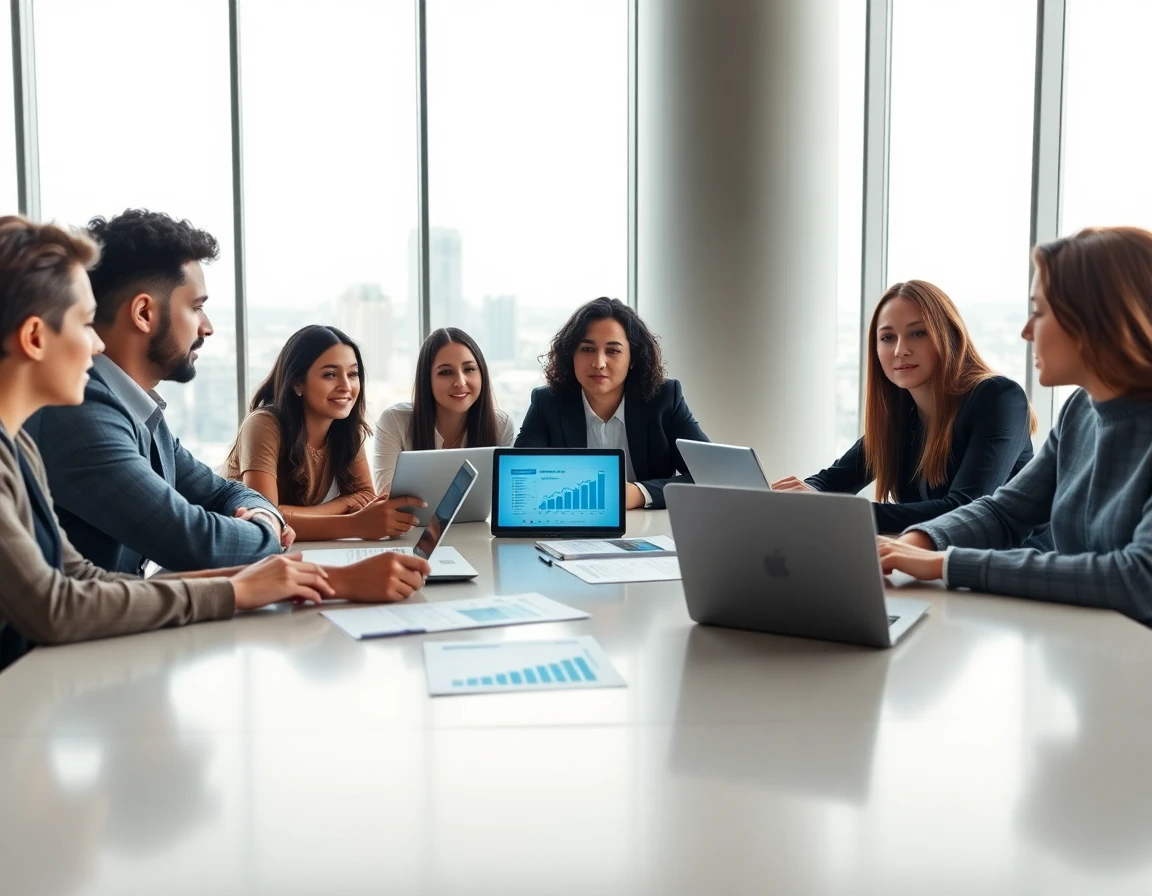 Young professionals analyzing financial reports in a modern conference room with city view