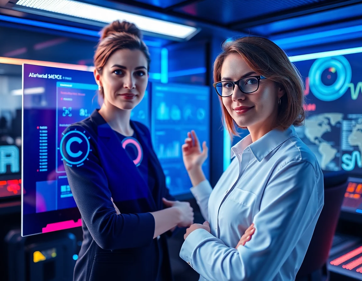 Female tech expert demonstrating AI-powered Techabbey dashboard in a futuristic control room, emphasizing expertise