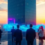 Futuristic cityscape with holographic interfaces and professionals at sunset, representing advanced tech solutions