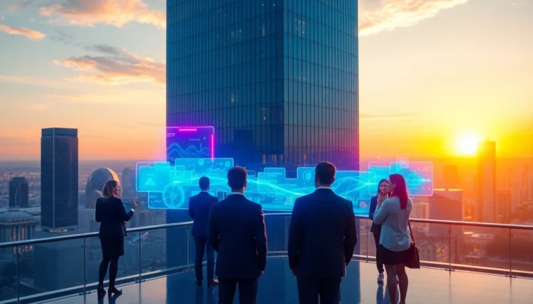 Futuristic cityscape with holographic interfaces and professionals at sunset, representing advanced tech solutions