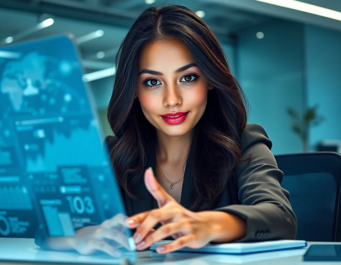 Young woman interacting with holographic data display in a modern tech office, emphasizing digital engagement