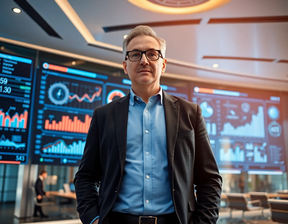 Male tech strategist presenting digital charts in a modern conference room, symbolizing strategic planning